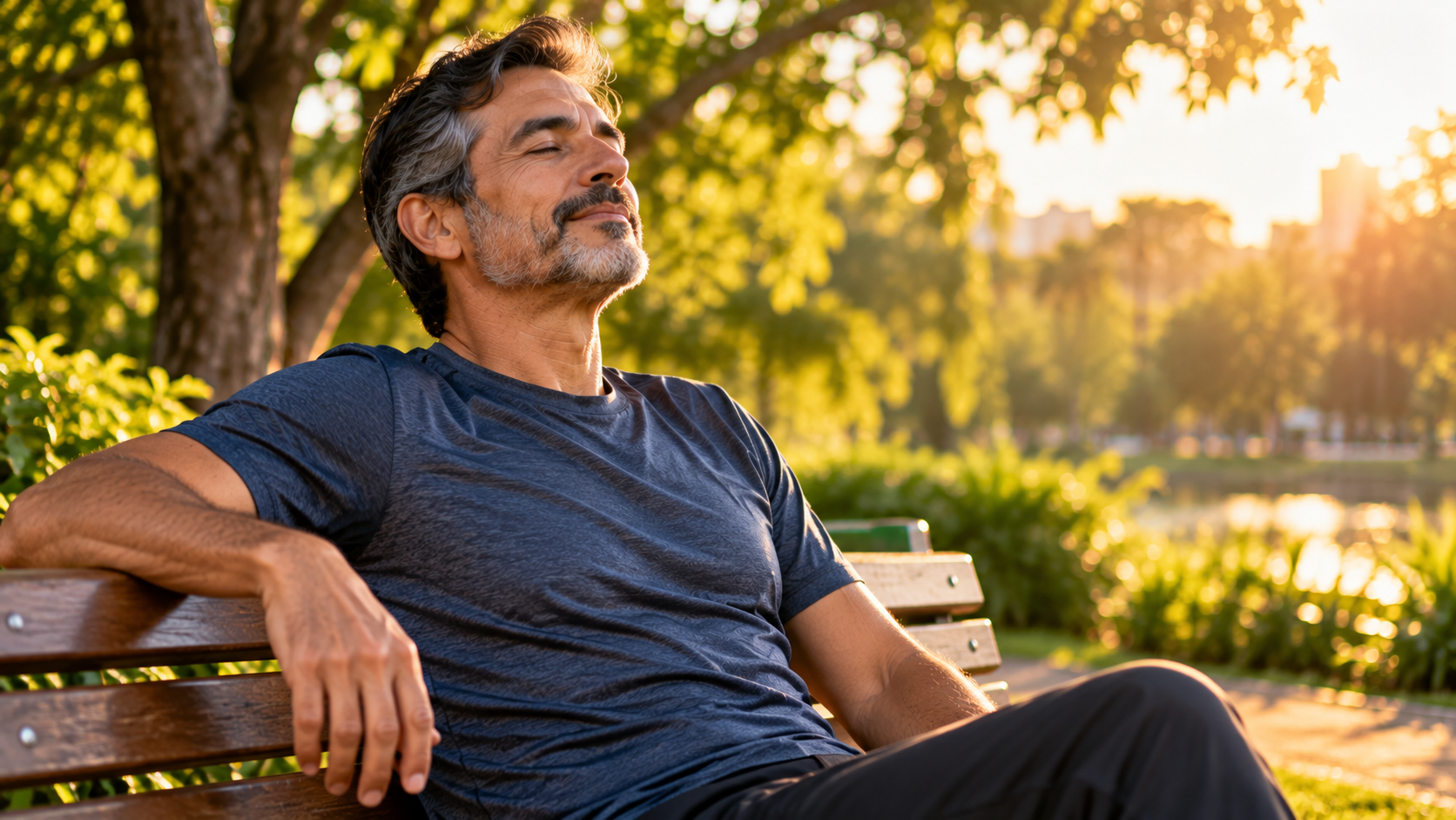Homem sentado em um banco de parque relaxando sob a luz do pôr do sol.