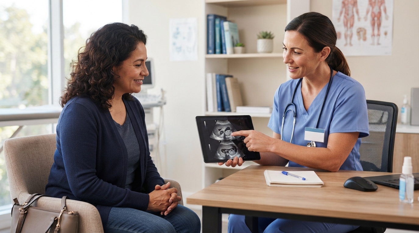 Médico conversando com paciente em consultório iluminado enquanto analisa exames em um tablet.