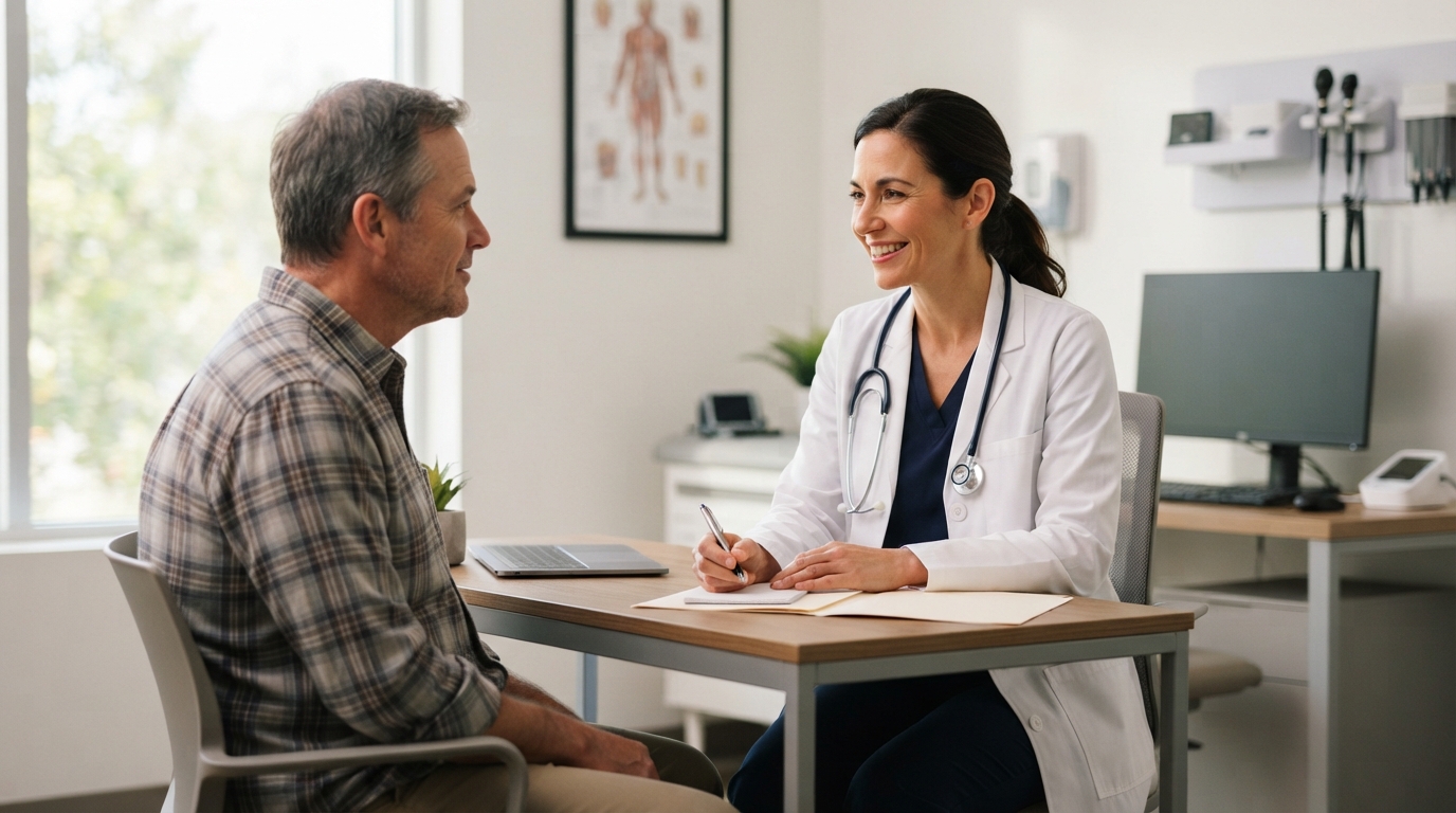 Médico conversando atenciosamente com um paciente em um consultório bem iluminado.