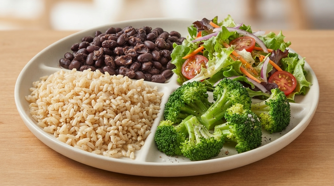 Prato de comida saudável com arroz integral, feijão preto e salada colorida.
Título: Prato saudável e rico em fibras