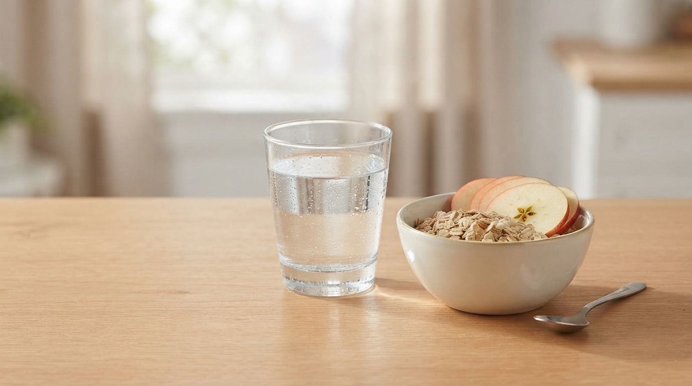 Copo com água limpa ao lado de tigela com aveia e fatias de maçã.
Título: Hidratação e fibras alimentares