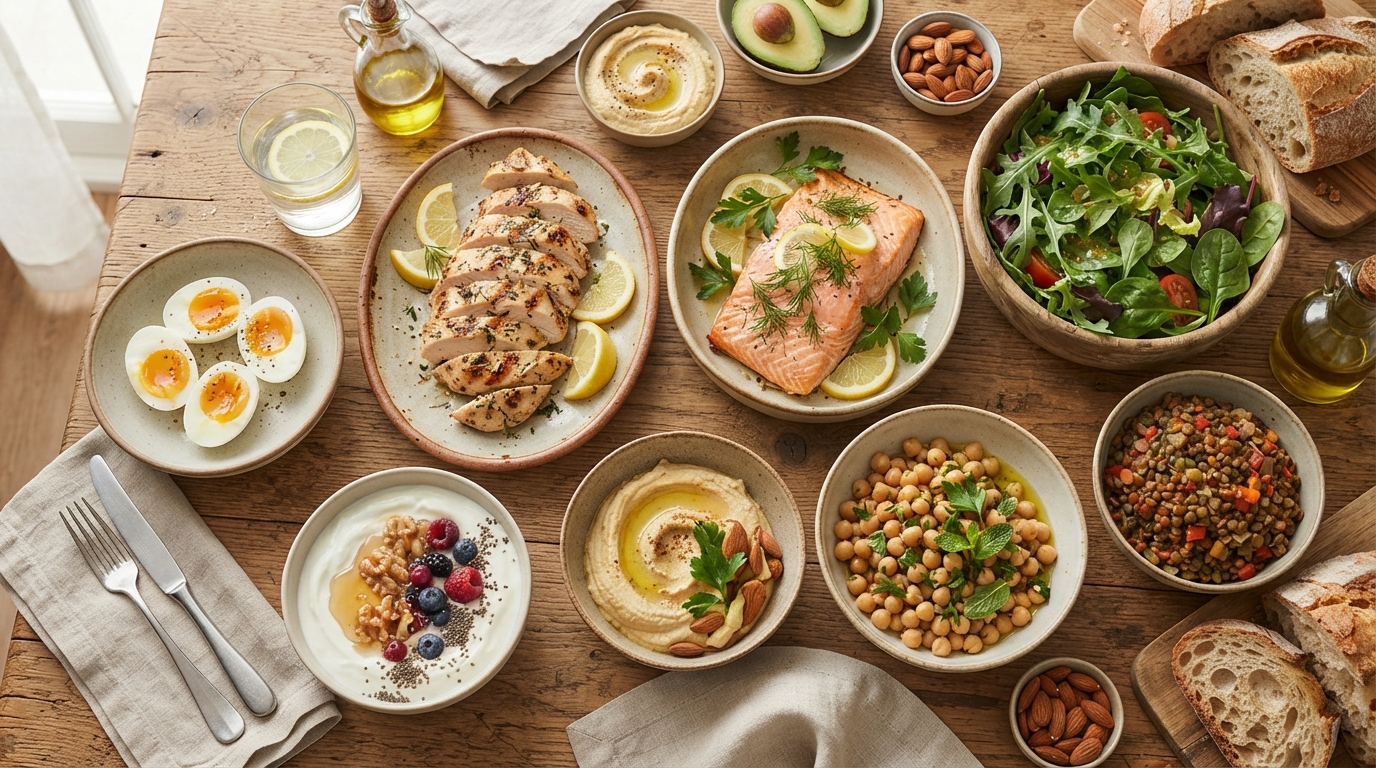 Mesa organizada com alimentos ricos em proteína como frango, peixe, ovos e leguminosas.