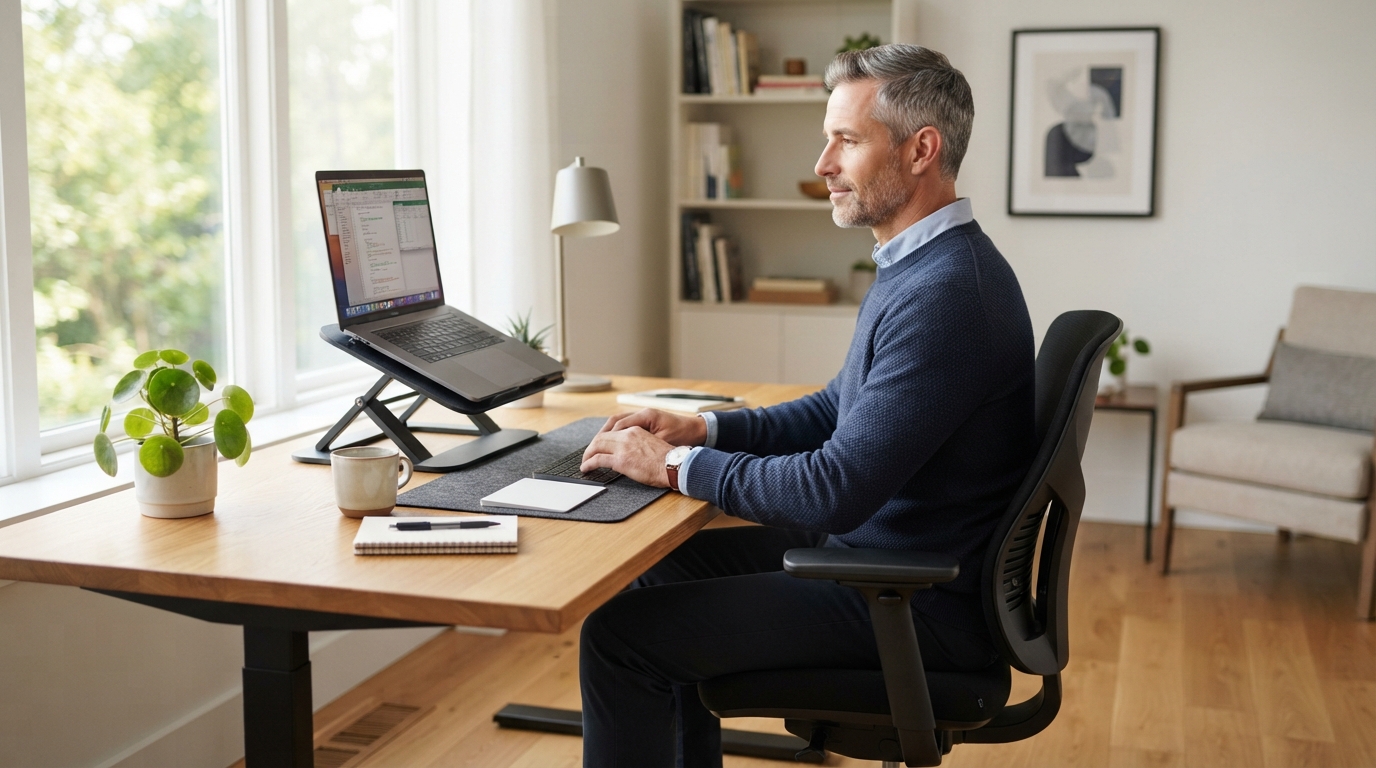 Homem trabalhando em mesa ergonômica com postura correta em frente ao computador. 