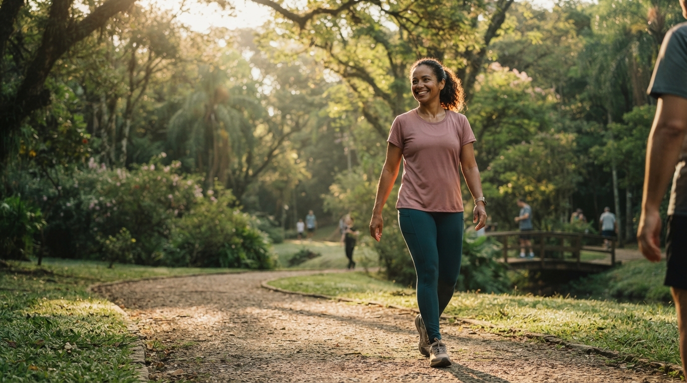 Pessoa de cerca de 40 anos caminhando em um parque arborizado durante uma manhã ensolarada.