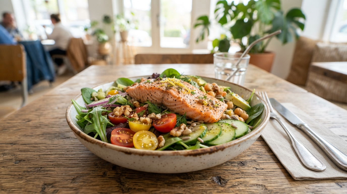 Prato colorido com salada fresca, vegetais e azeite de oliva disposto sobre uma mesa de madeira.