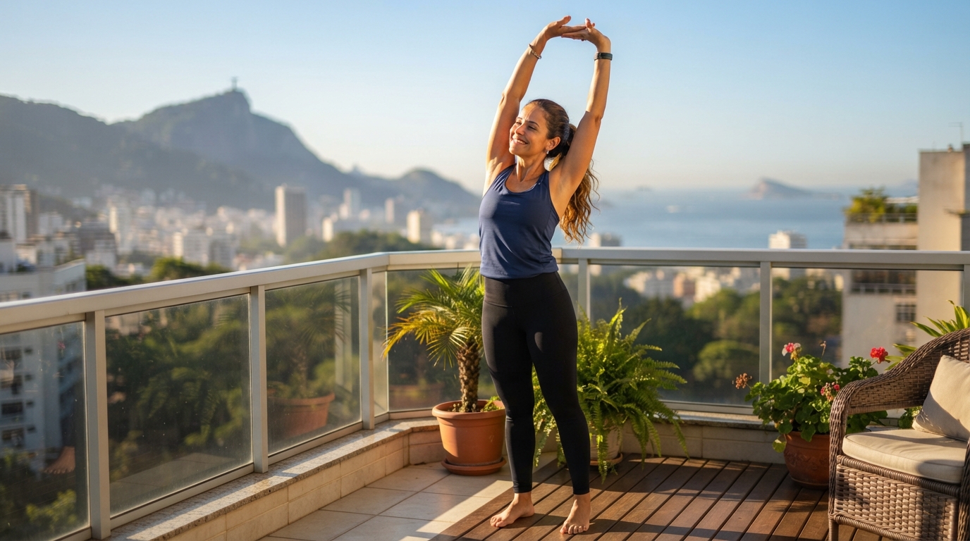 Mulher praticando alongamento na varanda de casa sob a luz do sol da manhã.