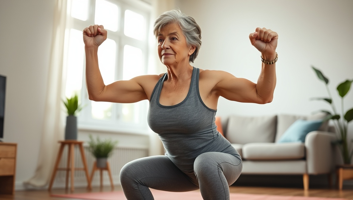 Mulher madura realizando exercício de agachamento em uma sala iluminada. Título: Fortalecimento muscular funcional